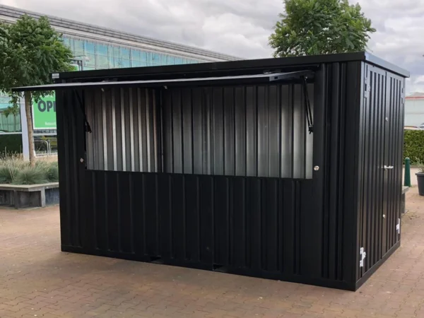 Container Bar 4×2 m RAL 9005 Schwarz – Zerlegbarer Verkaufscontainer mit Doppeltür und Klappöffnung