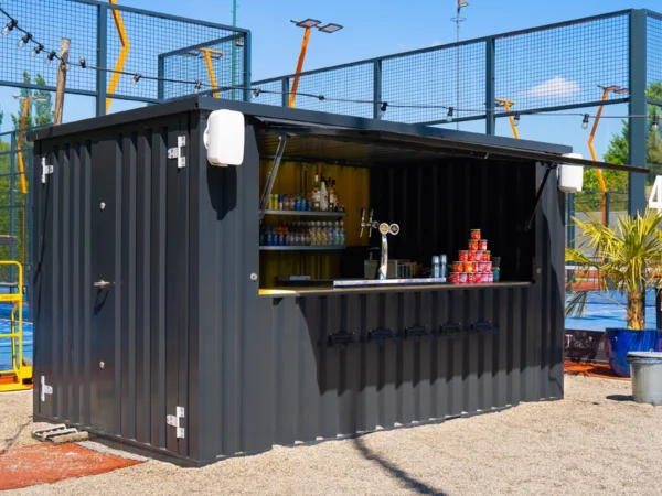 Container Bar 4×2 m RAL 7016 Anthrazit – Zerlegbarer Barcontainer mit Doppeltür und Klappöffnung